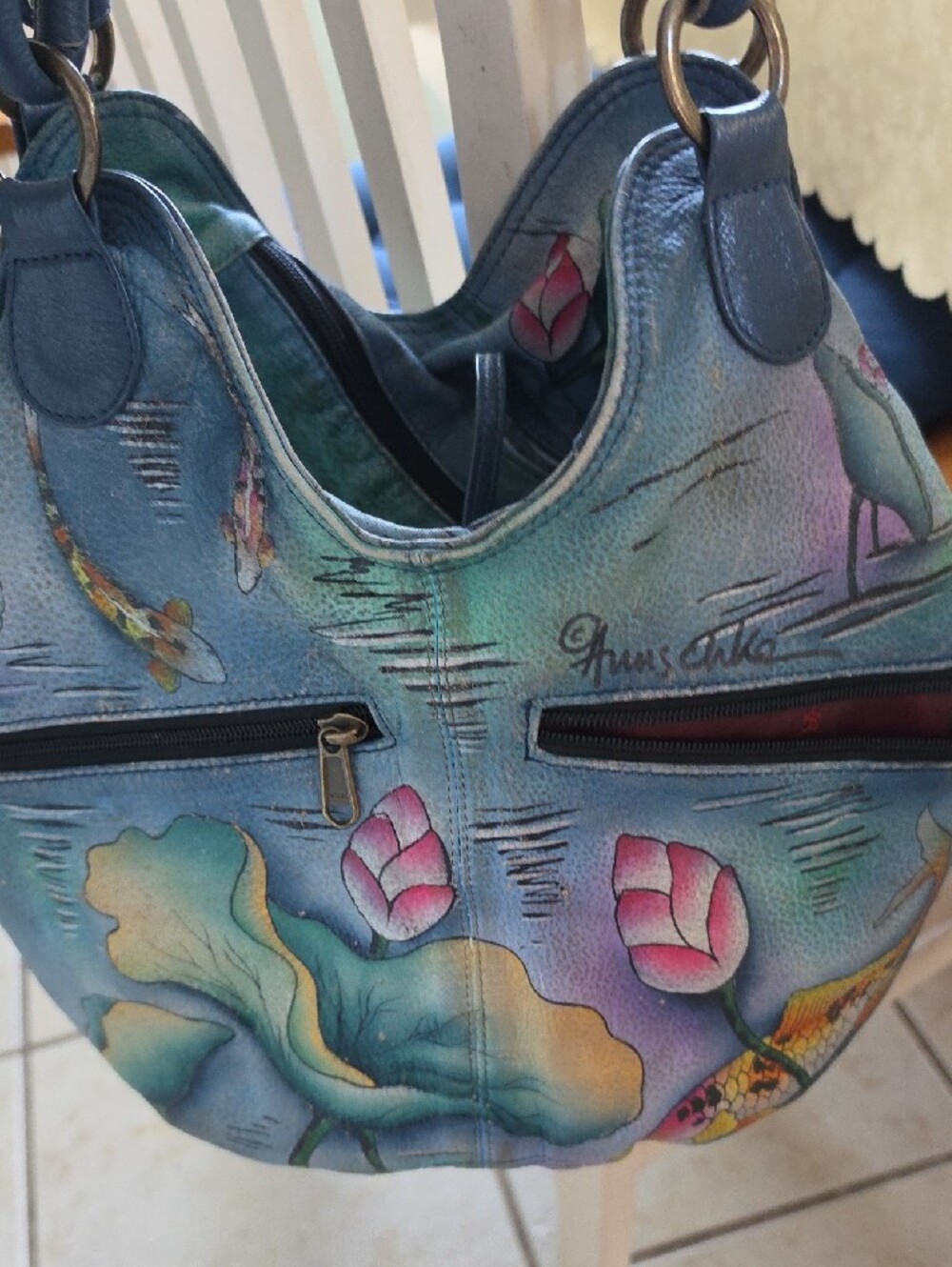 Hand-Painted Blue Floral Lotus Shoulder Bag.KOI FISH - Picture 3 of 13